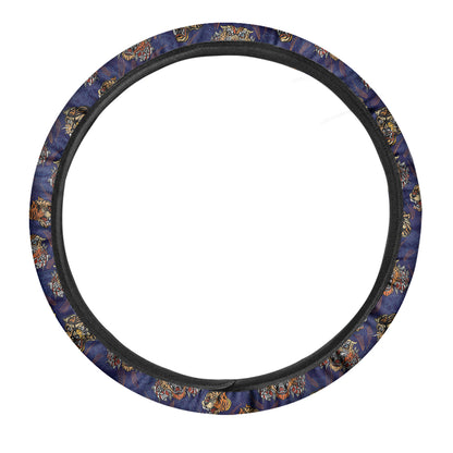 Blue Tiger Tattoo Pattern Print Car Steering Wheel Cover
