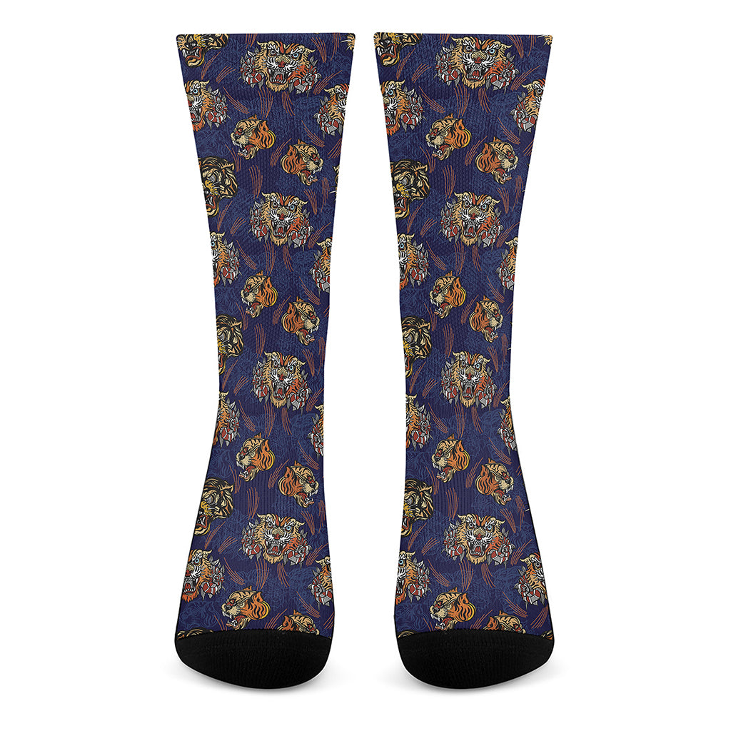 Blue Tiger Tattoo Pattern Print Crew Socks