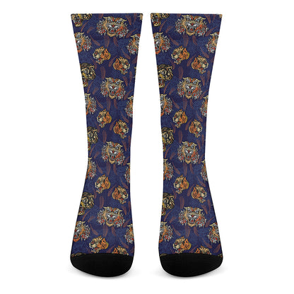 Blue Tiger Tattoo Pattern Print Crew Socks