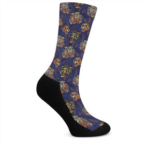 Blue Tiger Tattoo Pattern Print Crew Socks