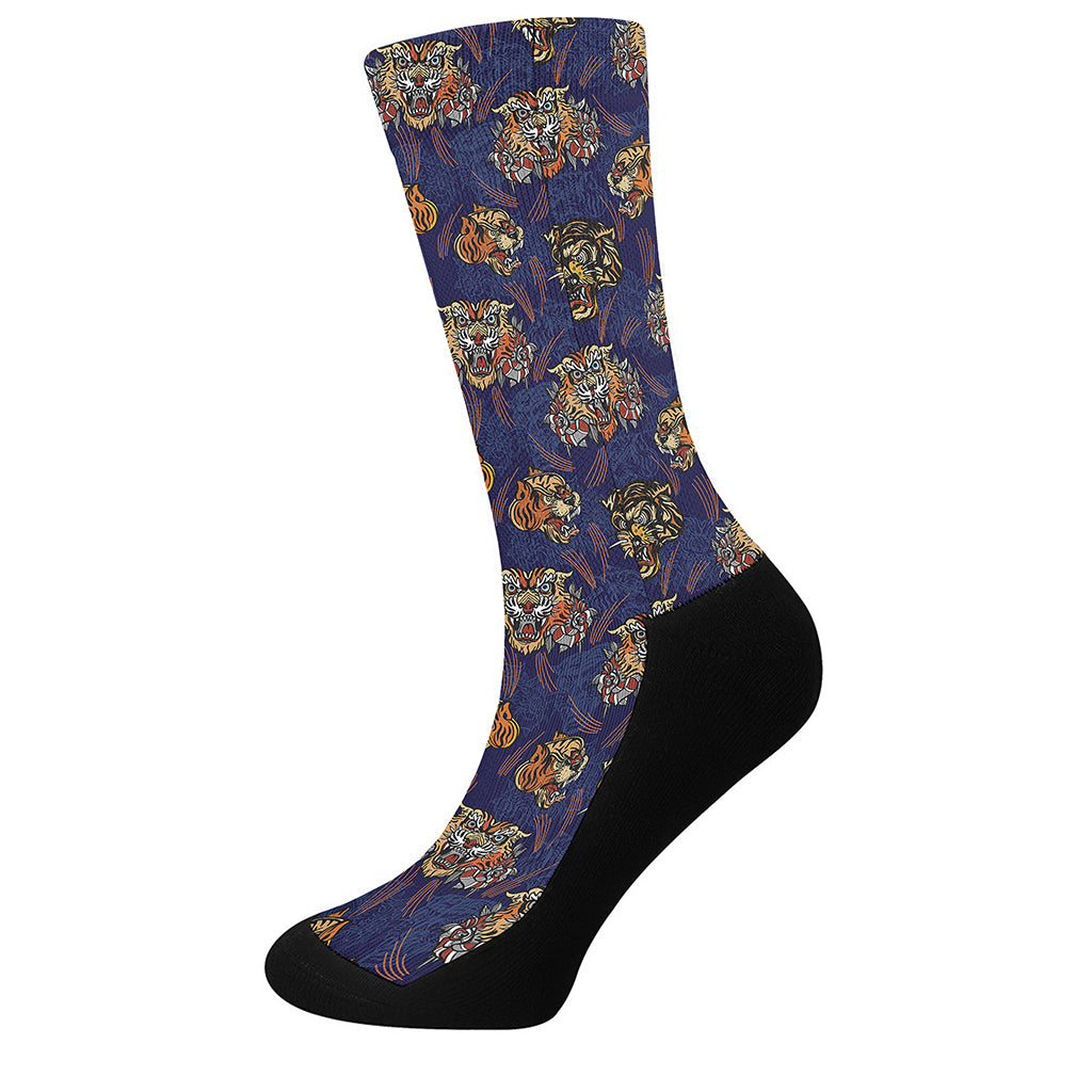 Blue Tiger Tattoo Pattern Print Crew Socks