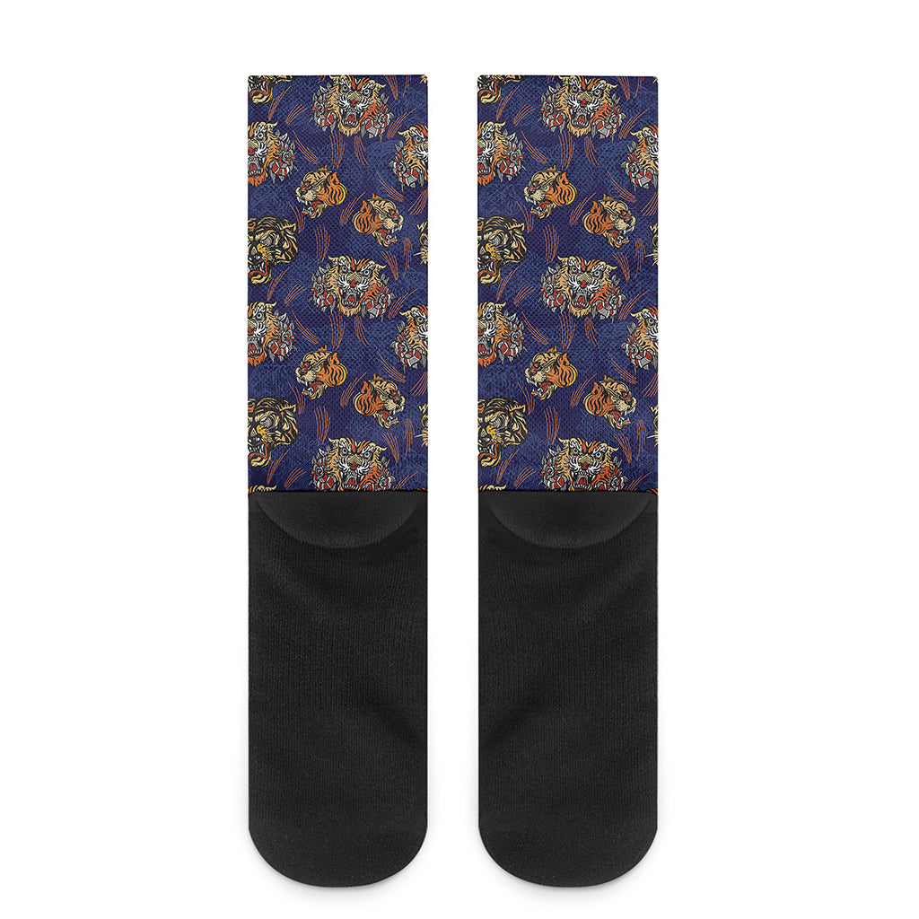 Blue Tiger Tattoo Pattern Print Crew Socks