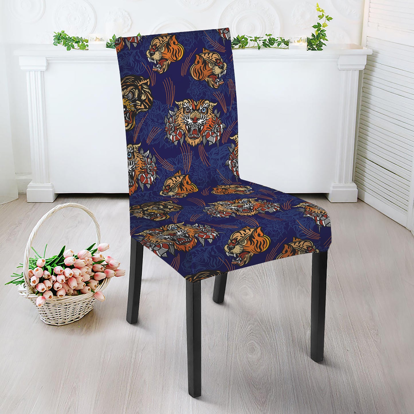 Blue Tiger Tattoo Pattern Print Dining Chair Slipcover