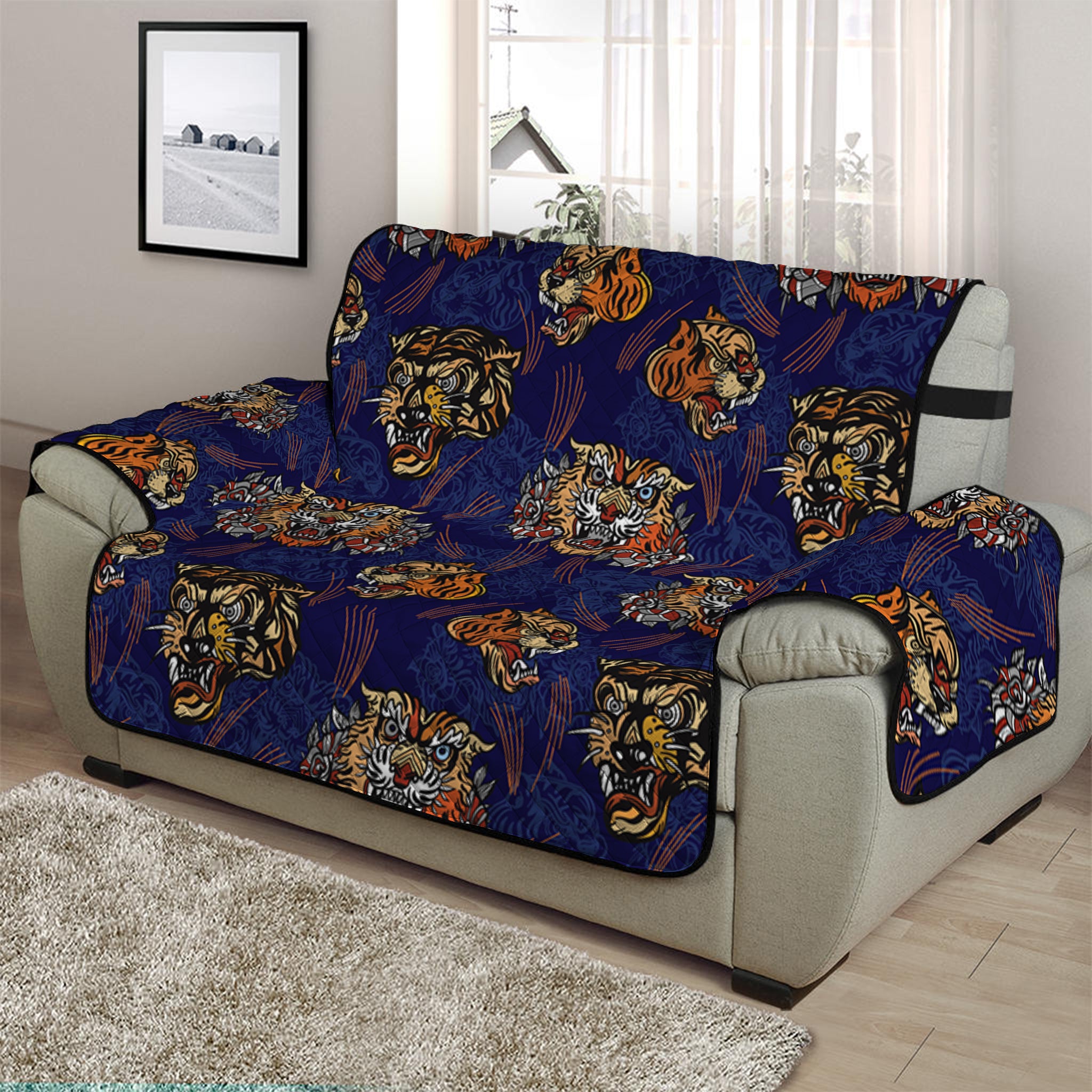 Blue Tiger Tattoo Pattern Print Half Sofa Protector