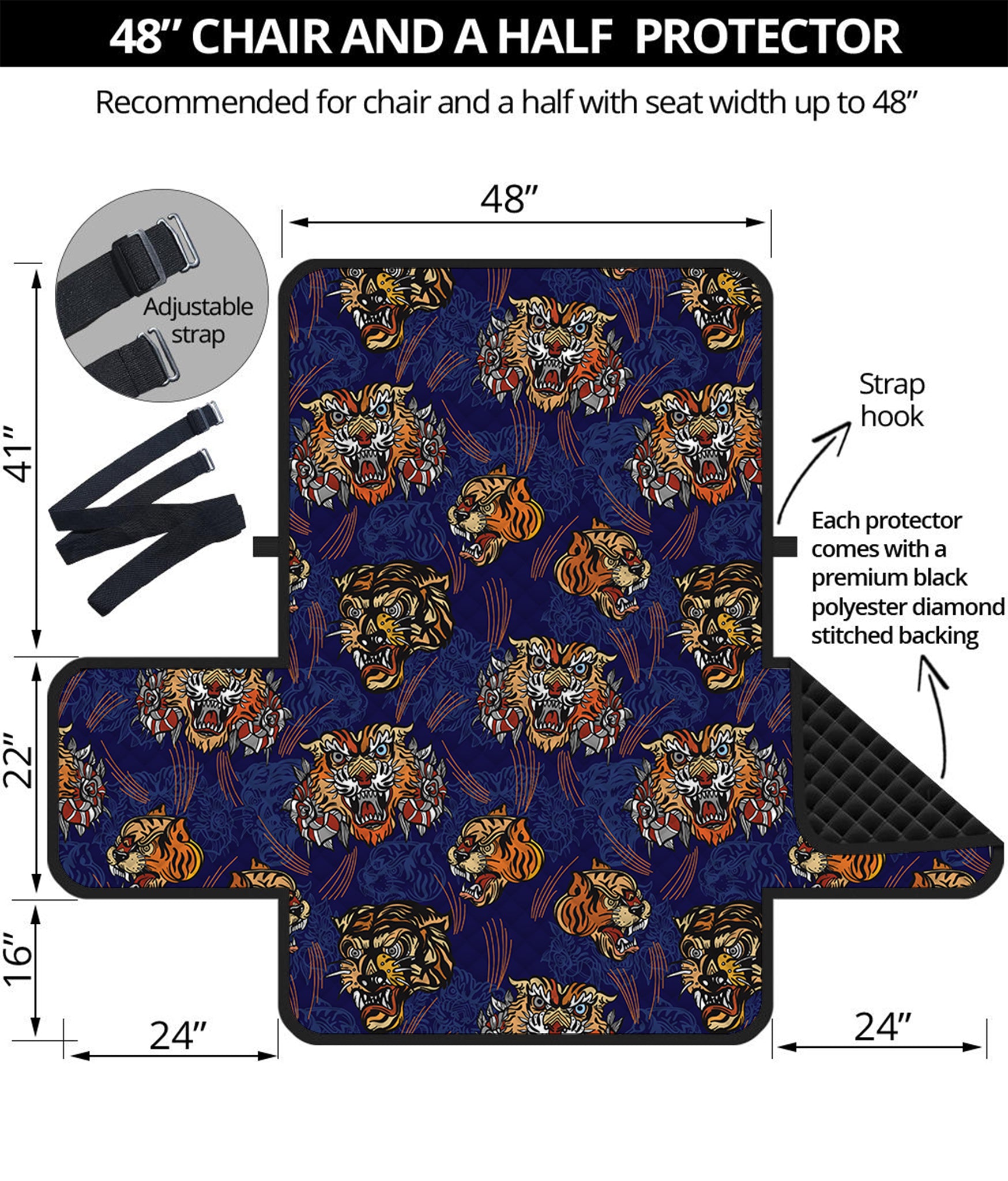 Blue Tiger Tattoo Pattern Print Half Sofa Protector