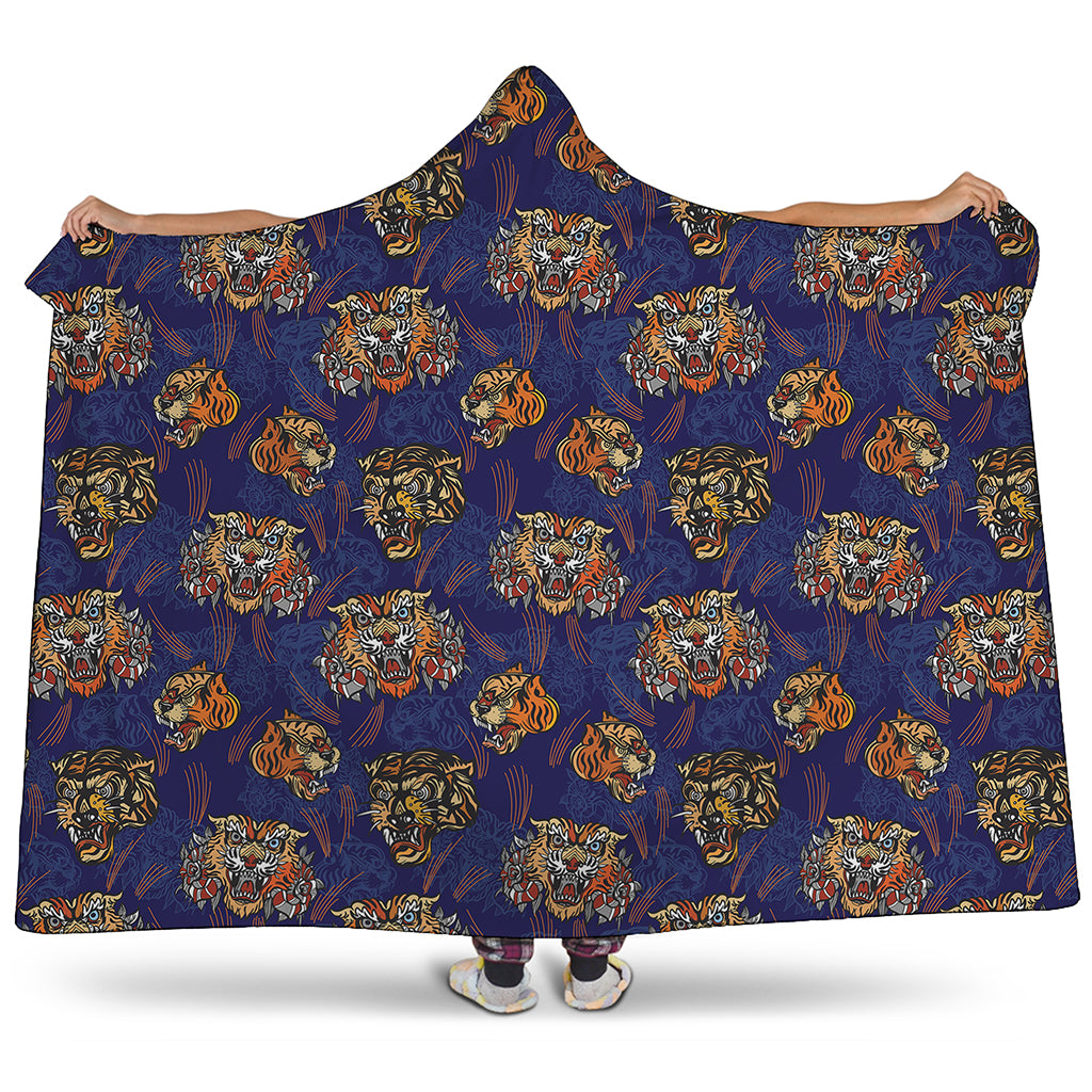 Blue Tiger Tattoo Pattern Print Hooded Blanket