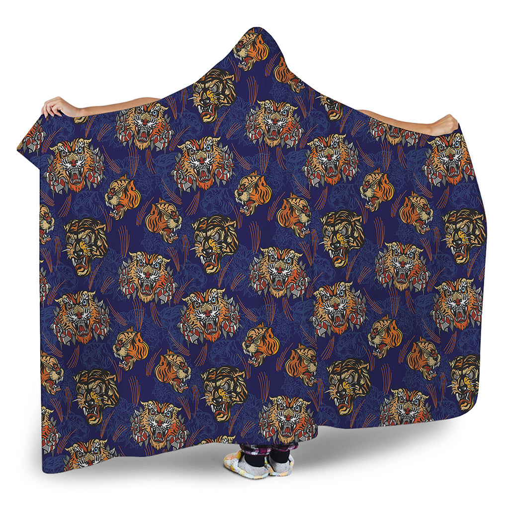 Blue Tiger Tattoo Pattern Print Hooded Blanket