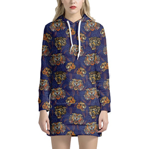 Blue Tiger Tattoo Pattern Print Hoodie Dress