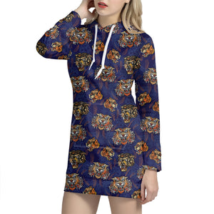 Blue Tiger Tattoo Pattern Print Hoodie Dress