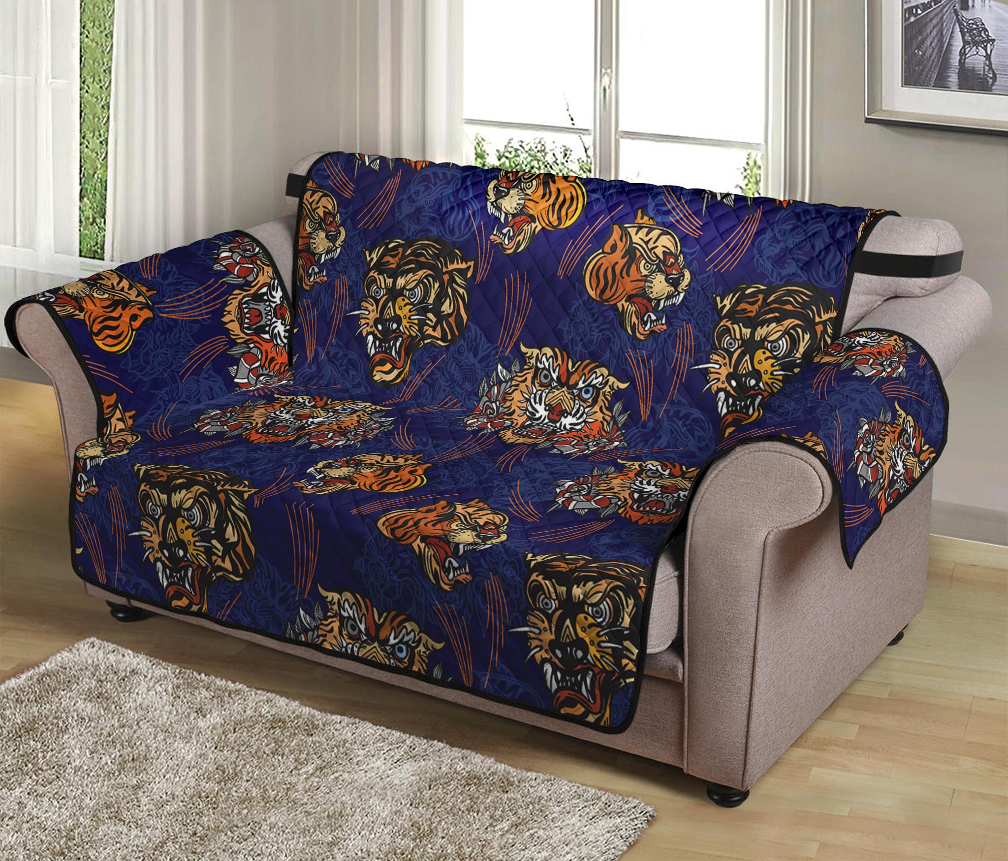 Blue Tiger Tattoo Pattern Print Loveseat Protector