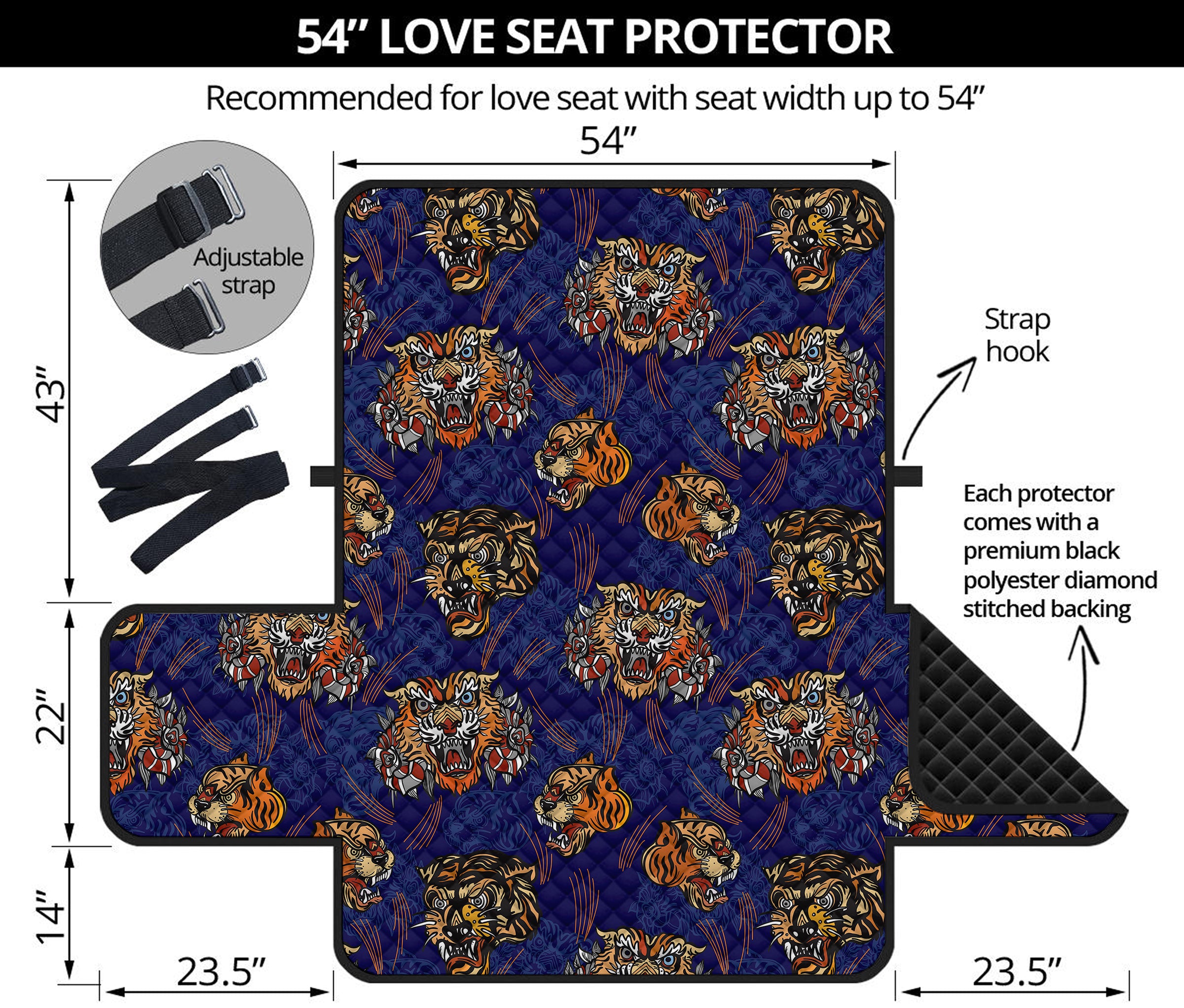 Blue Tiger Tattoo Pattern Print Loveseat Protector