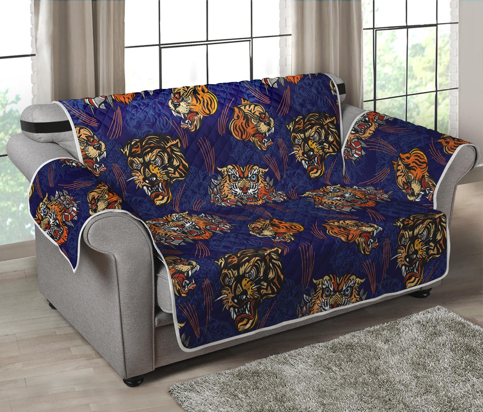 Blue Tiger Tattoo Pattern Print Loveseat Protector