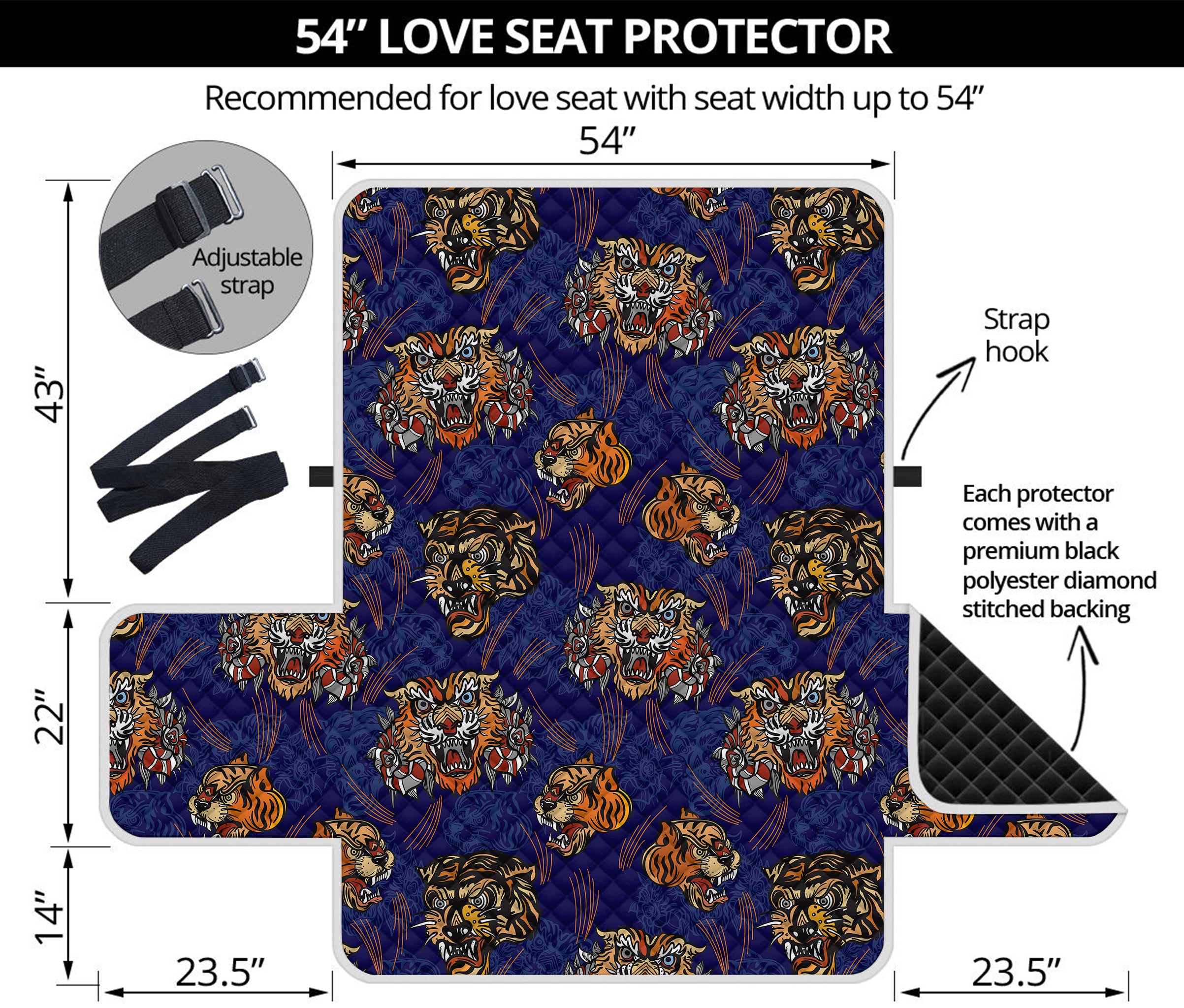 Blue Tiger Tattoo Pattern Print Loveseat Protector