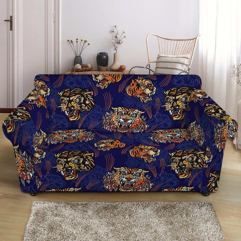 Blue Tiger Tattoo Pattern Print Loveseat Slipcover