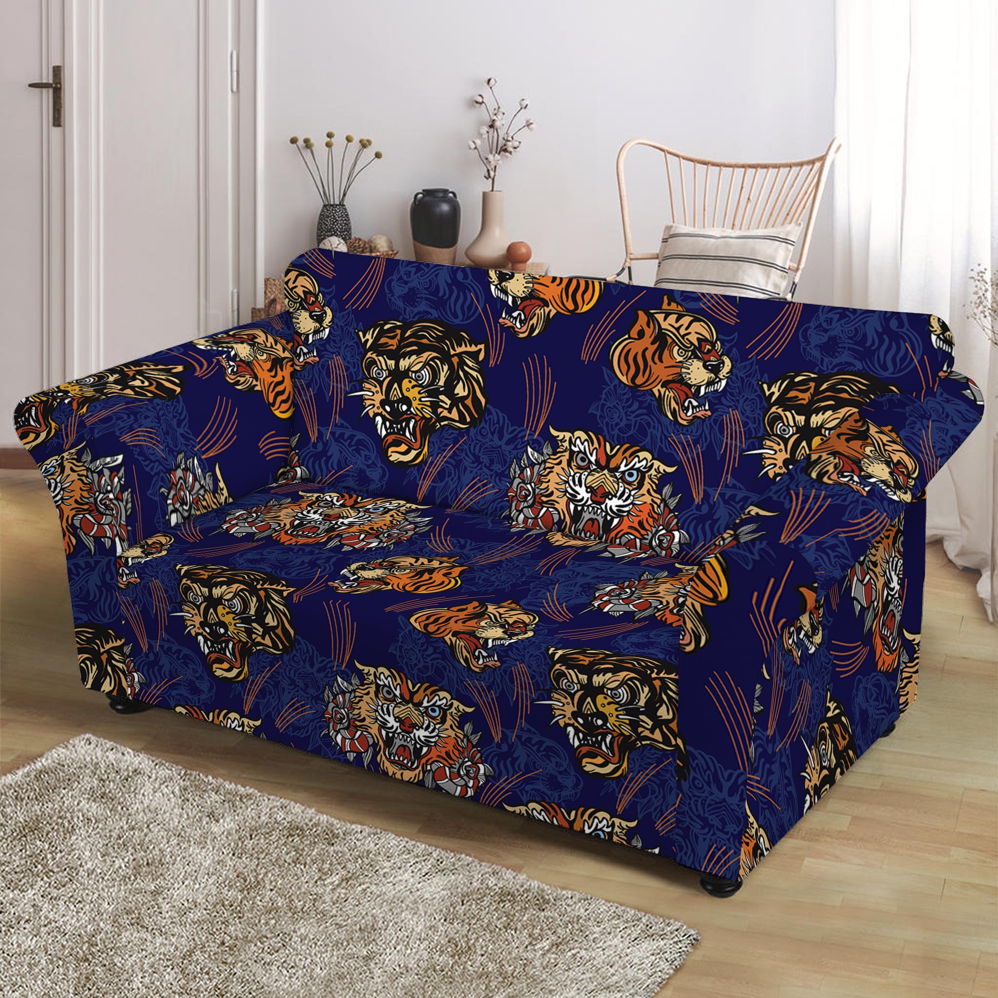 Blue Tiger Tattoo Pattern Print Loveseat Slipcover