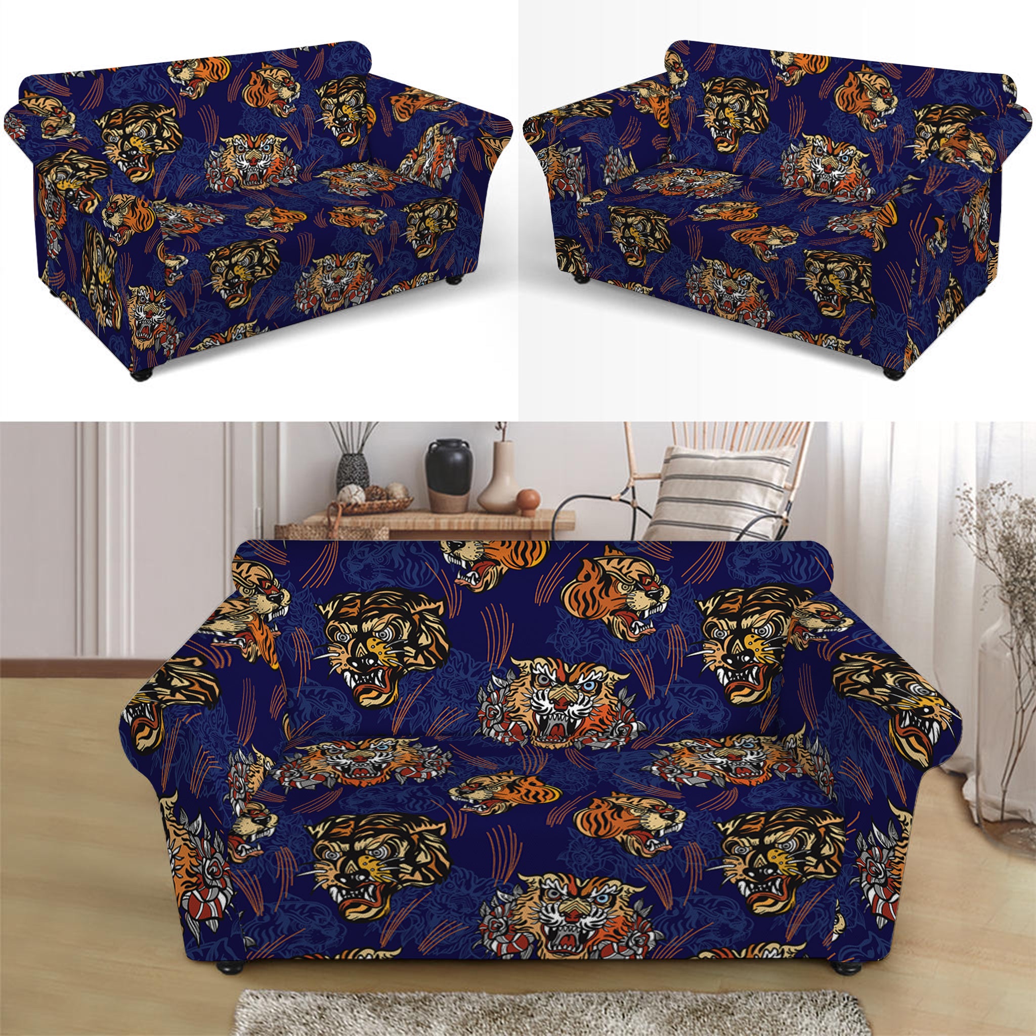 Blue Tiger Tattoo Pattern Print Loveseat Slipcover