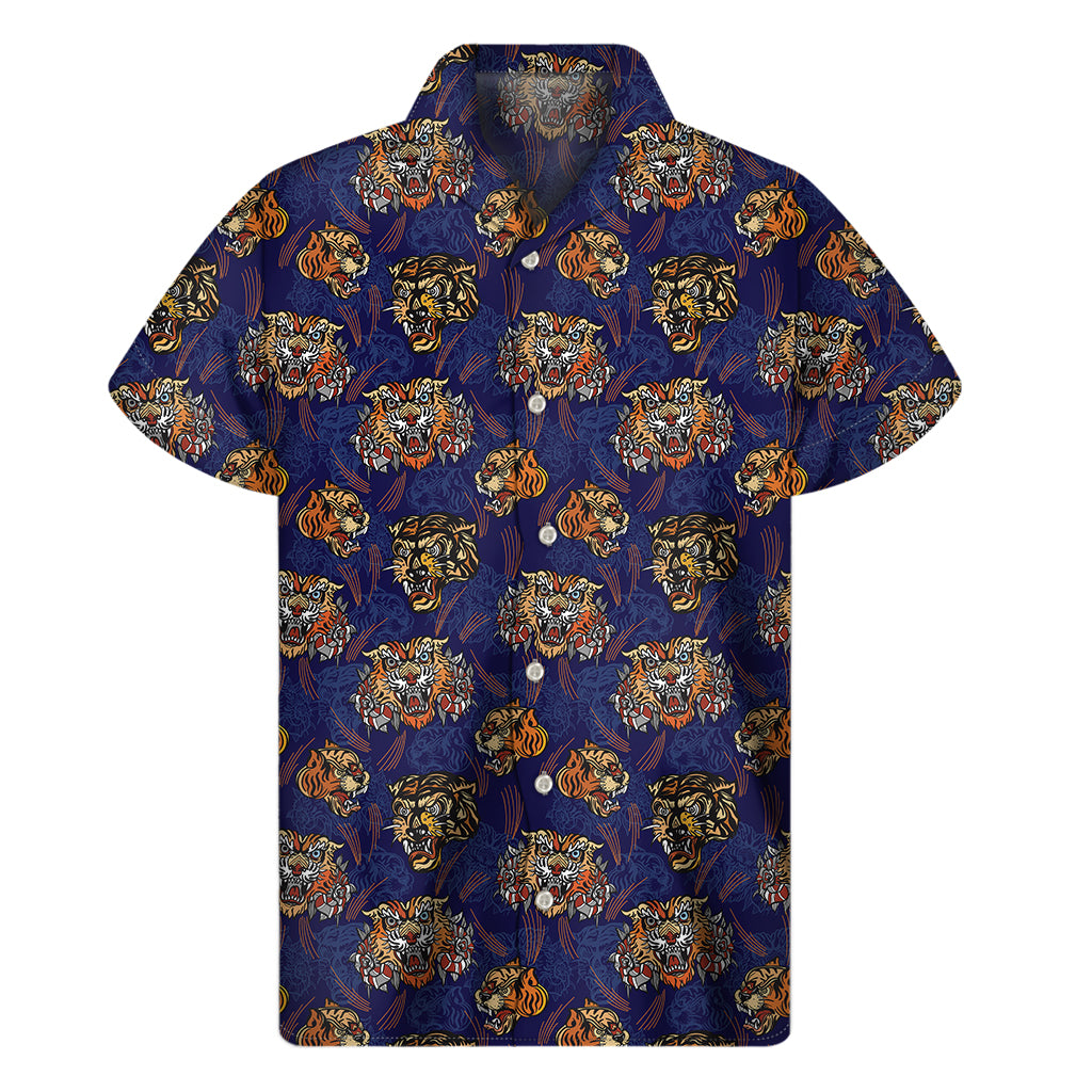 Blue Tiger Tattoo Pattern Print Men's Short Sleeve Shirt