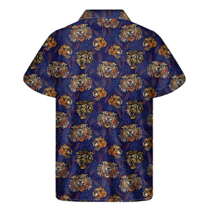 Blue Tiger Tattoo Pattern Print Men's Short Sleeve Shirt