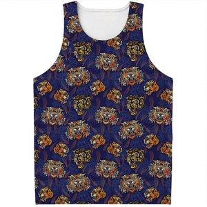 Blue Tiger Tattoo Pattern Print Men's Tank Top