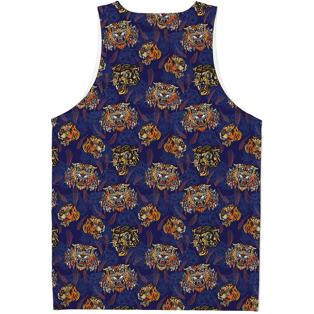 Blue Tiger Tattoo Pattern Print Men's Tank Top