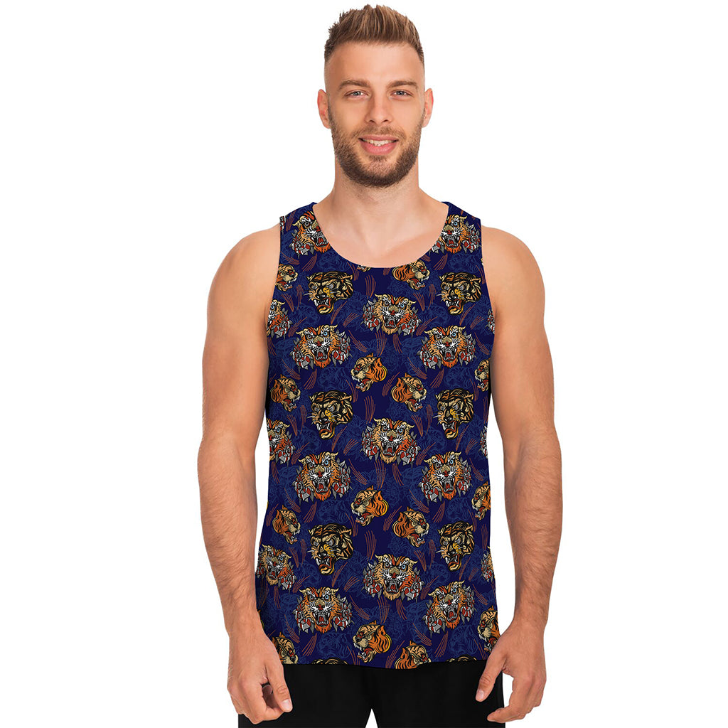 Blue Tiger Tattoo Pattern Print Men's Tank Top