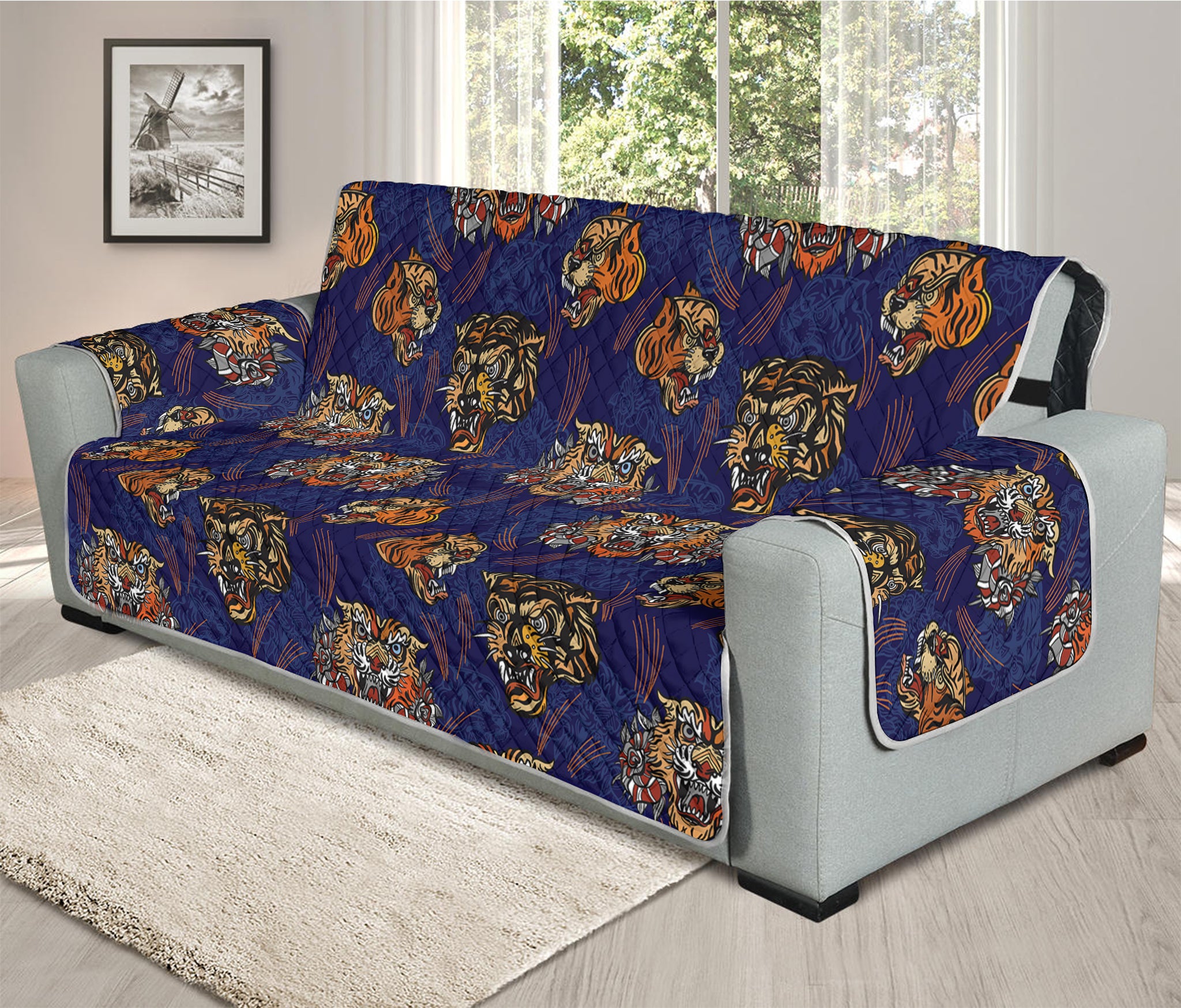 Blue Tiger Tattoo Pattern Print Oversized Sofa Protector