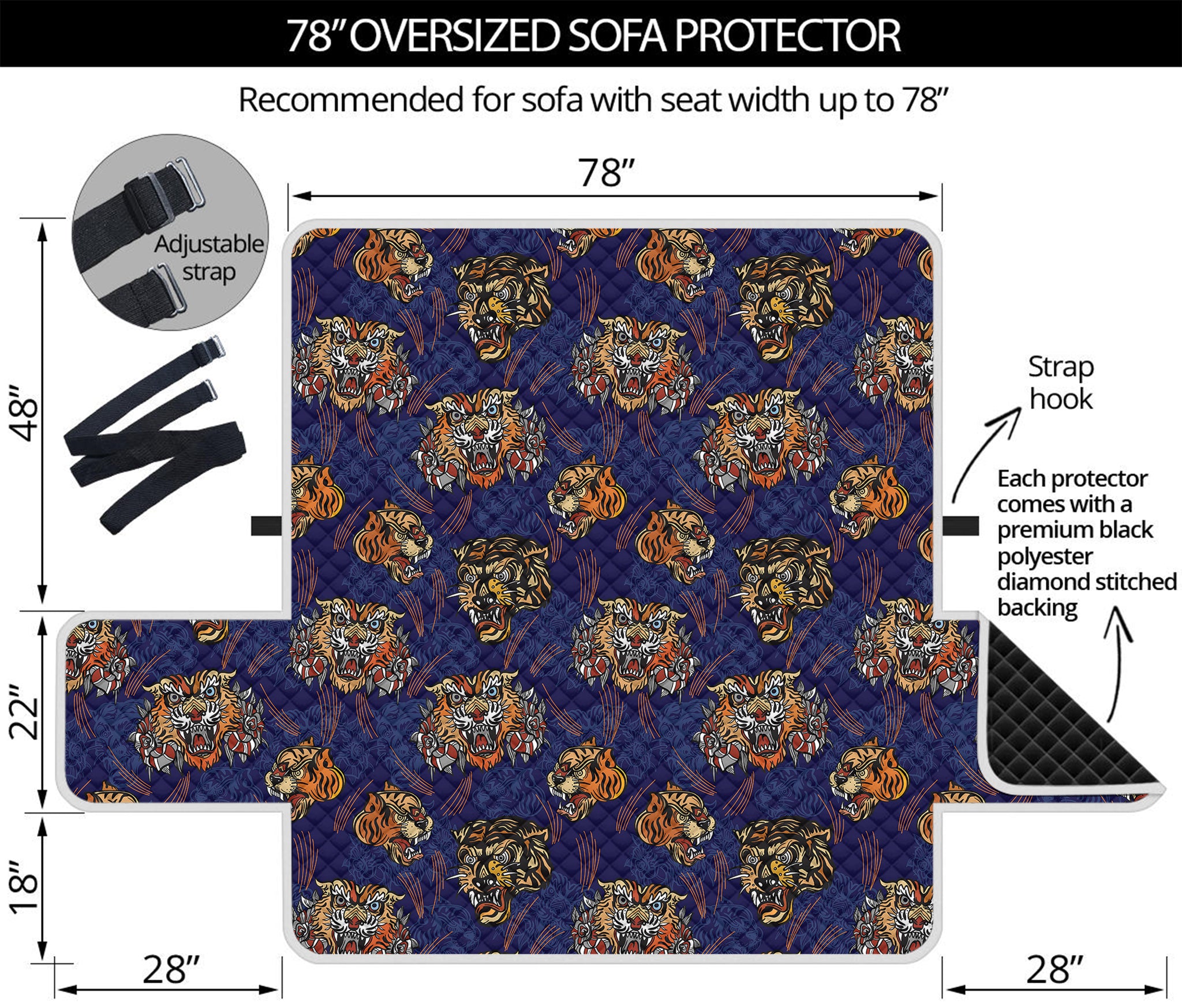 Blue Tiger Tattoo Pattern Print Oversized Sofa Protector