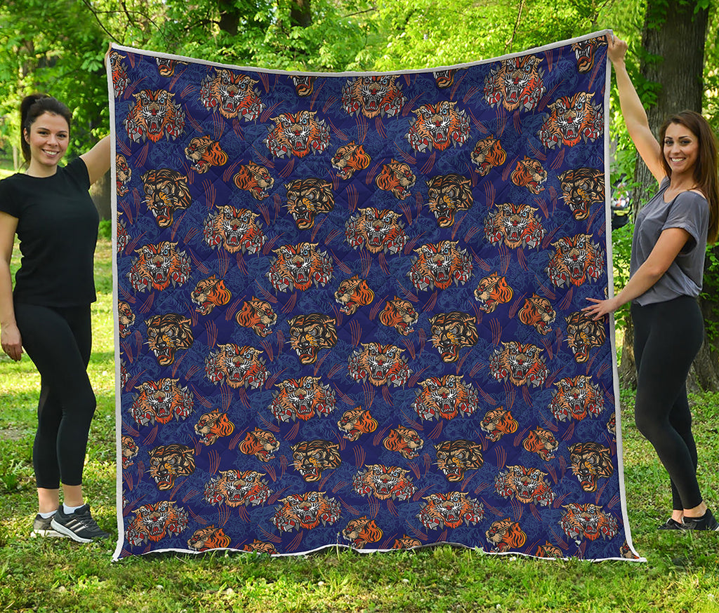 Blue Tiger Tattoo Pattern Print Quilt