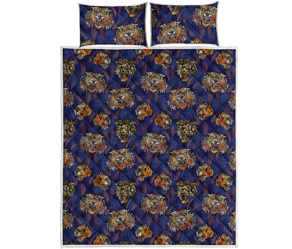 Blue Tiger Tattoo Pattern Print Quilt Bed Set