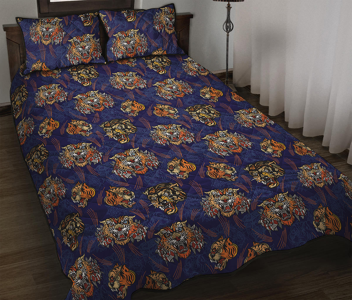 Blue Tiger Tattoo Pattern Print Quilt Bed Set