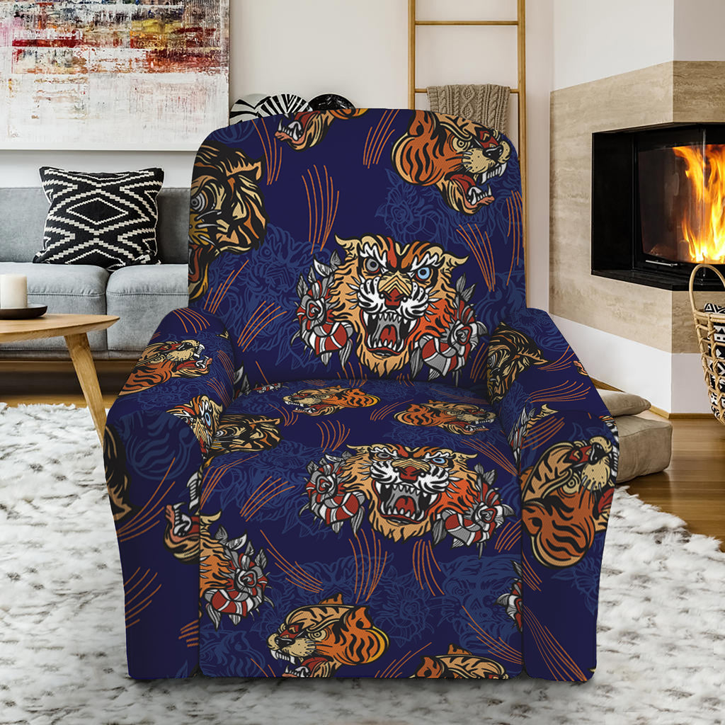 Blue Tiger Tattoo Pattern Print Recliner Slipcover