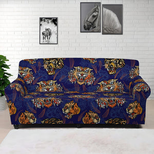 Blue Tiger Tattoo Pattern Print Sofa Cover