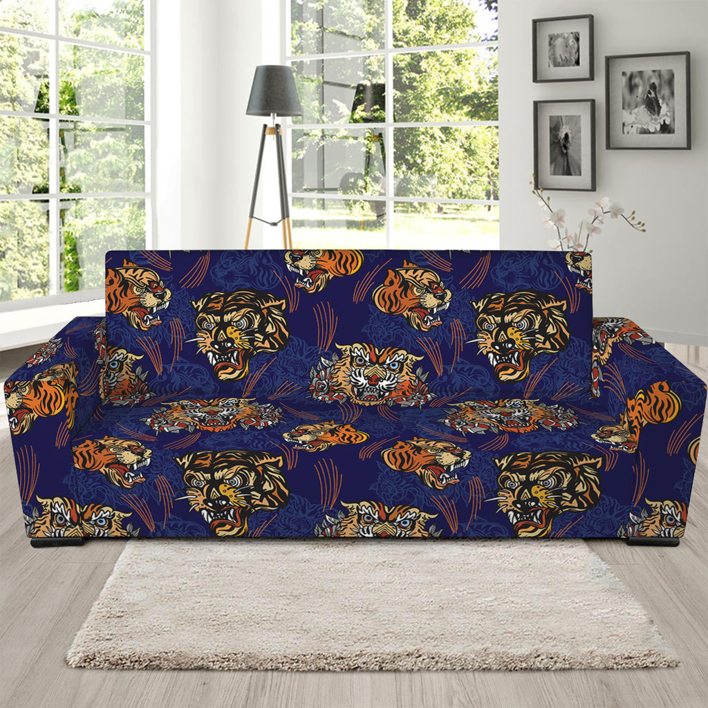 Blue Tiger Tattoo Pattern Print Sofa Slipcover