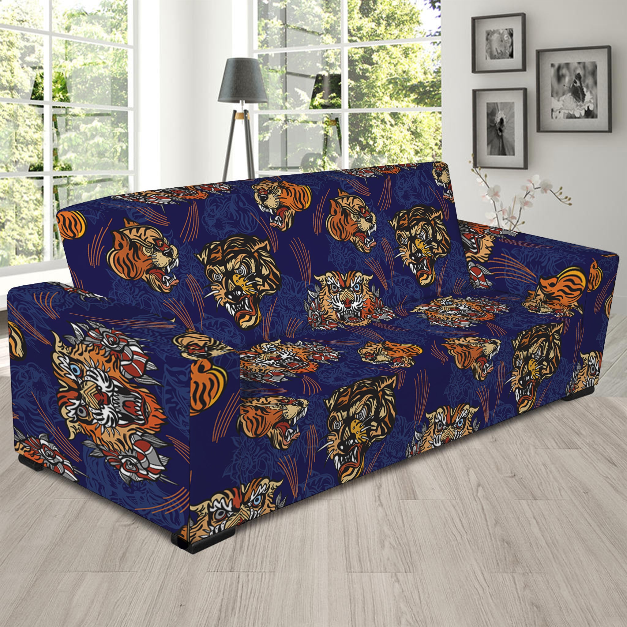 Blue Tiger Tattoo Pattern Print Sofa Slipcover