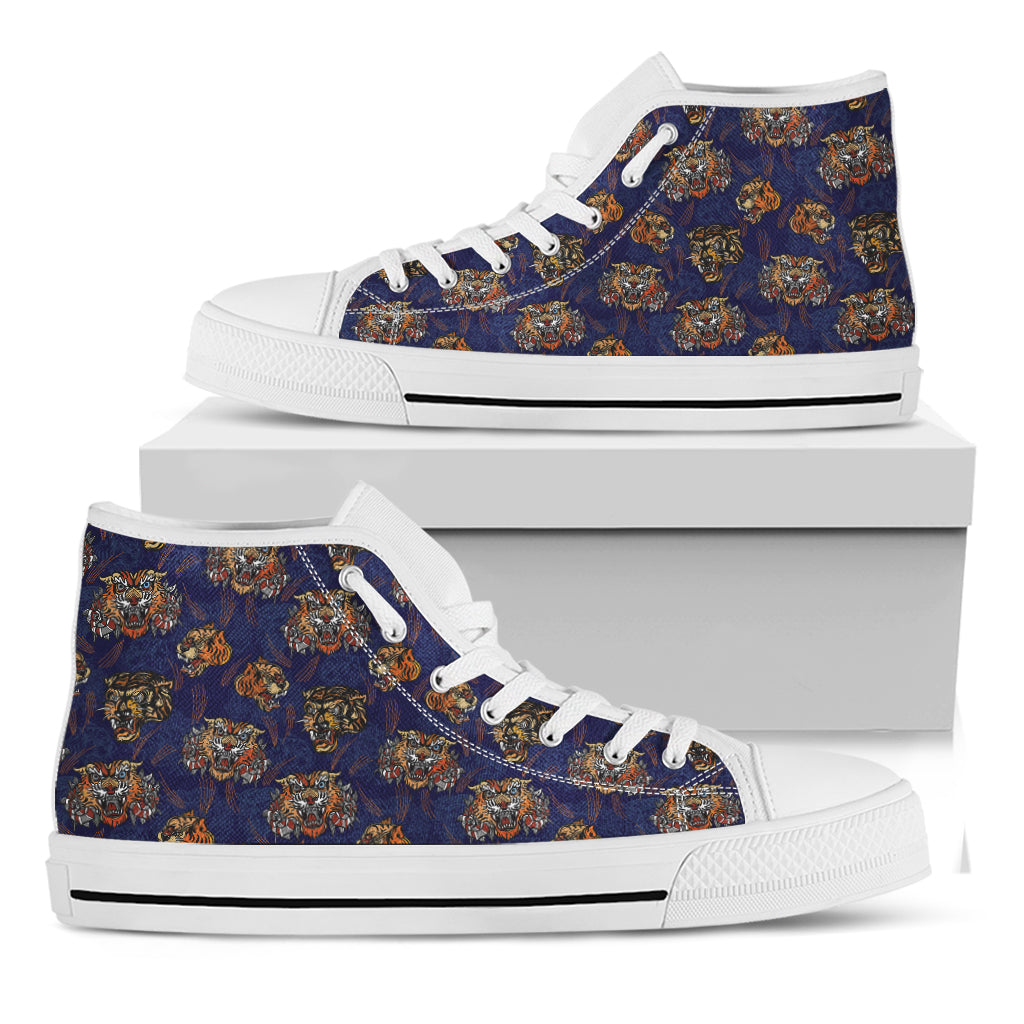 Blue Tiger Tattoo Pattern Print White High Top Shoes