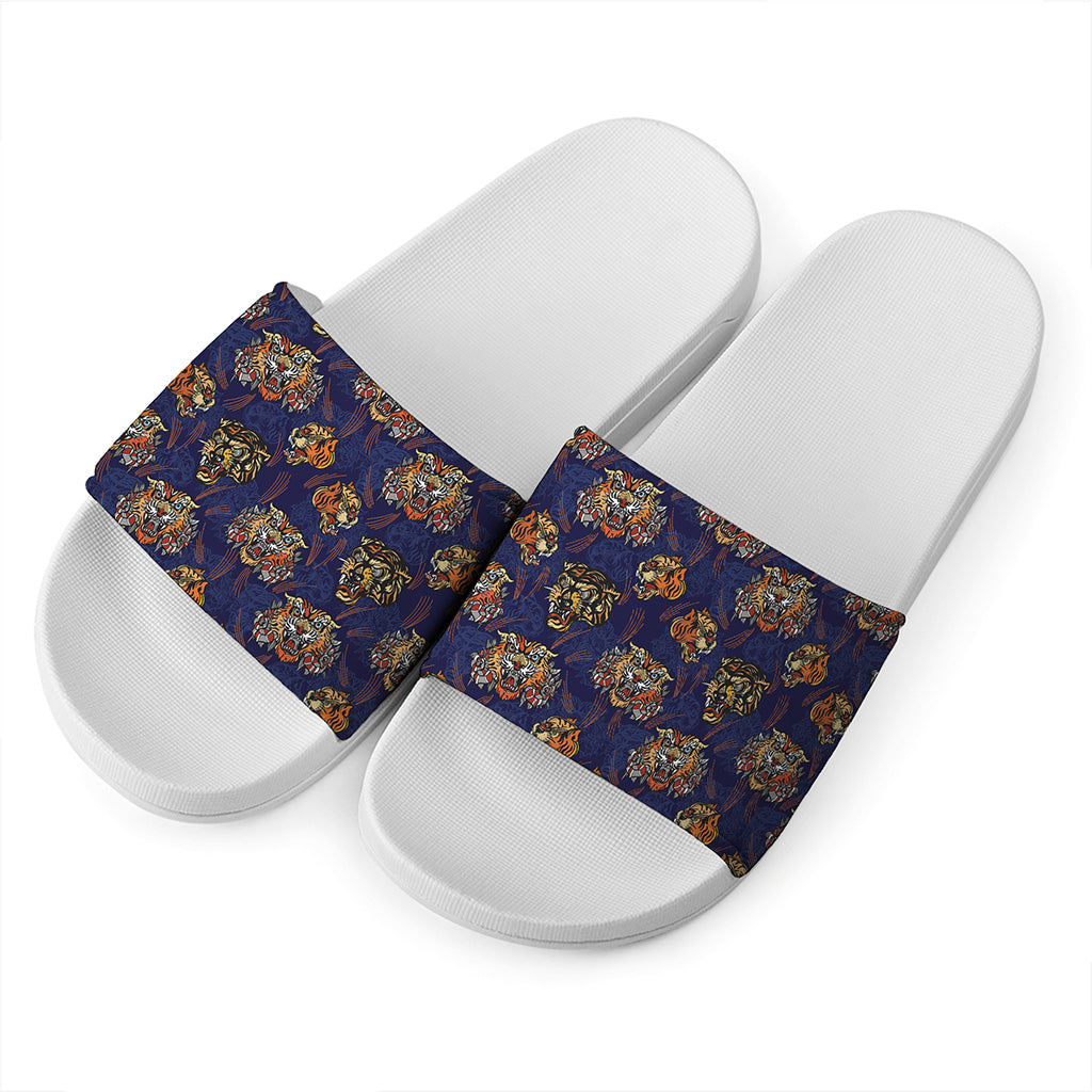 Blue Tiger Tattoo Pattern Print White Slide Sandals