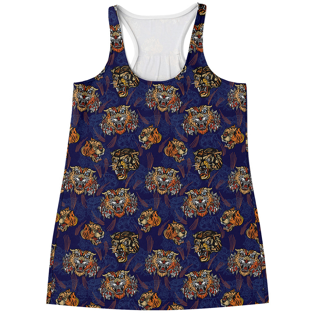 Blue Tiger Tattoo Pattern Print Women's Racerback Tank Top