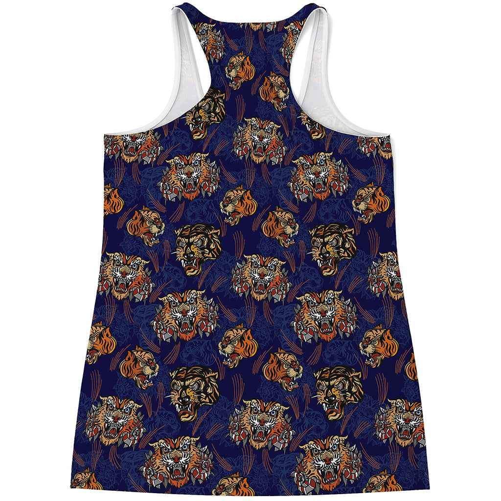 Blue Tiger Tattoo Pattern Print Women's Racerback Tank Top