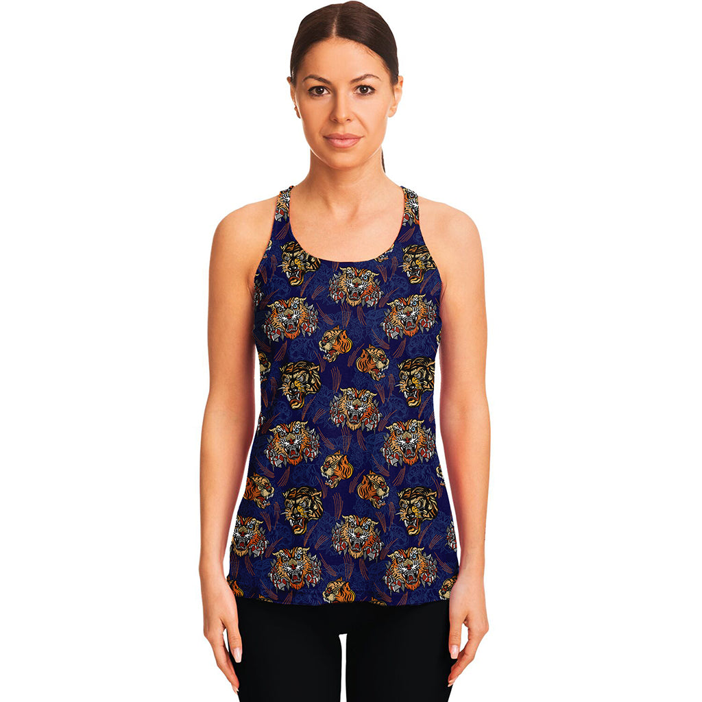 Blue Tiger Tattoo Pattern Print Women's Racerback Tank Top