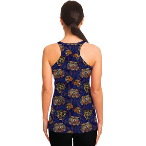 Blue Tiger Tattoo Pattern Print Women's Racerback Tank Top