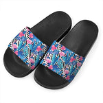 Blue Tropical And Pink Flamingo Print Black Slide Sandals