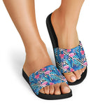 Blue Tropical And Pink Flamingo Print Black Slide Sandals