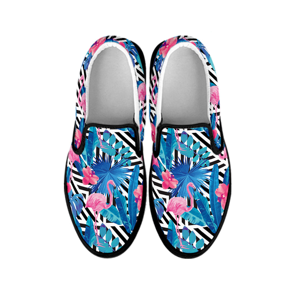 Blue Tropical And Pink Flamingo Print Black Slip On Shoes