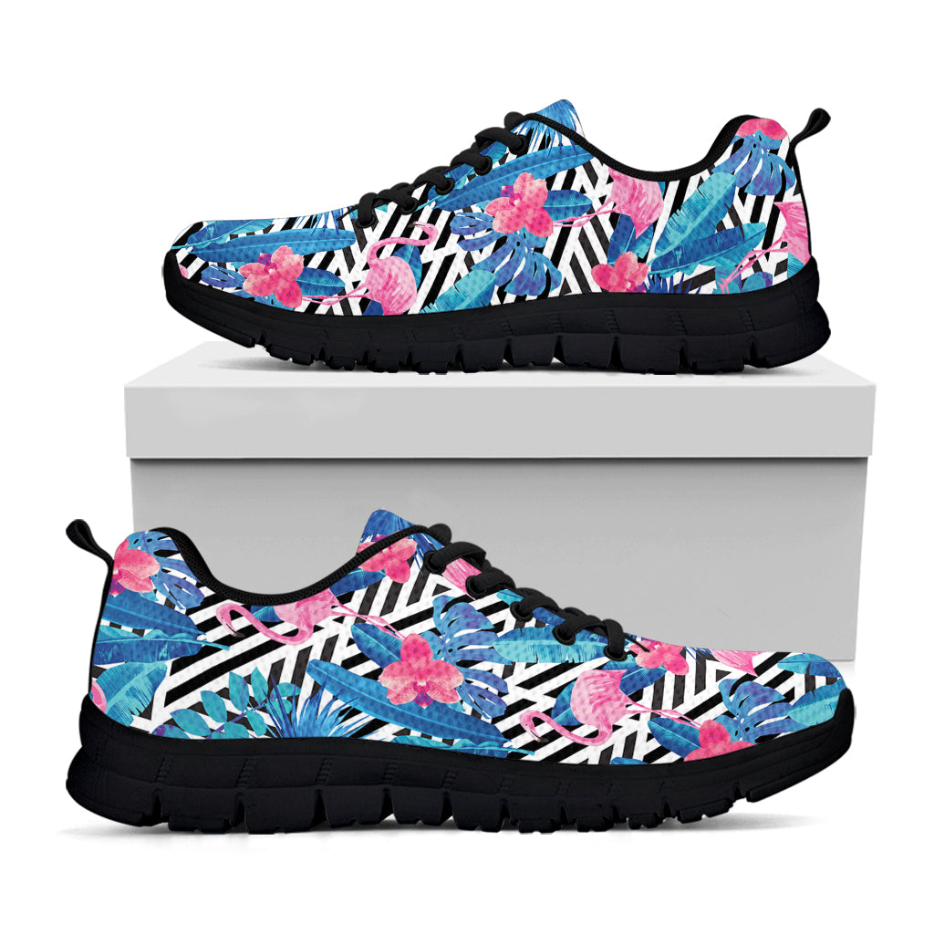 Blue Tropical And Pink Flamingo Print Black Sneakers