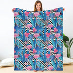 Blue Tropical And Pink Flamingo Print Blanket