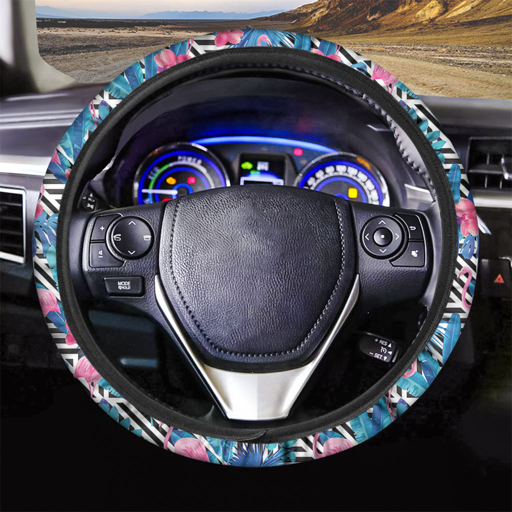 Blue Tropical And Pink Flamingo Print Car Steering Wheel Cover