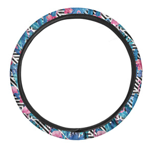 Blue Tropical And Pink Flamingo Print Car Steering Wheel Cover