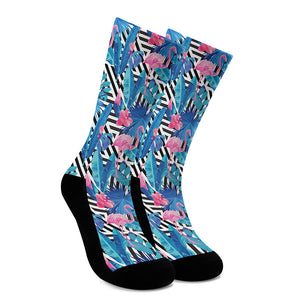 Blue Tropical And Pink Flamingo Print Crew Socks