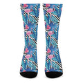 Blue Tropical And Pink Flamingo Print Crew Socks
