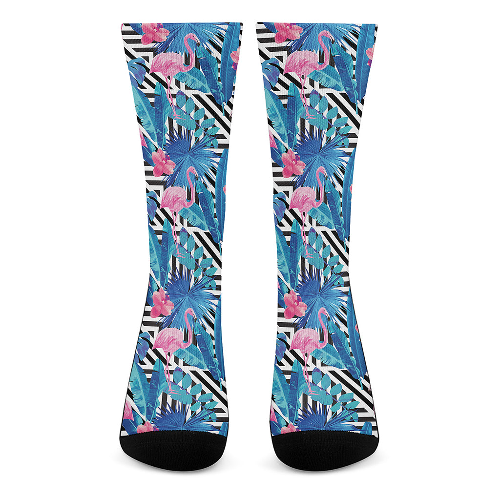 Blue Tropical And Pink Flamingo Print Crew Socks